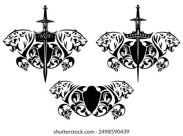 roaring tiger heads with heraldic shield, king crown, knight sword and rose flowers - royal coat of arms black and white vector design set