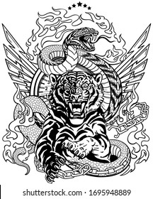 roaring tiger in the jump and snake like road. Design template include broken chain, tongues of flame and wings. Black and white  Biker Tattoo. Vector illustration