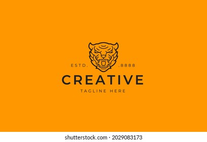 Roaring Tiger Logo Design. Angry Big Wild Cat Head Line Art Icon Design Template
