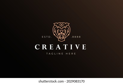 Roaring Tiger Logo Design. Big Wild Cat Head Line Art Icon Design Template