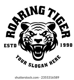 Roaring Tiger mascot logo in black and white vintage style