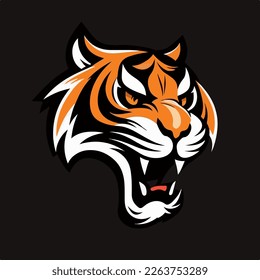 Roaring tiger on a dark background. Flat tiger logo. Tiger tattoo concept.