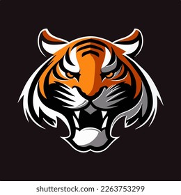 Roaring tiger on a dark background. Flat tiger logo. Tiger tattoo concept.