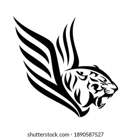 roaring tiger profile head - furious big cat with wings black and white vector design