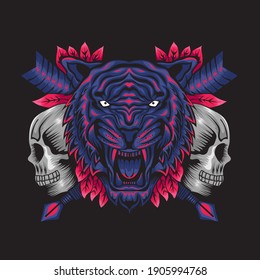 roaring tiger with skull illustration