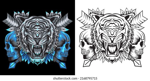 roaring tiger with skull illustration