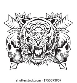 Roaring Tiger with Skull Lineart. Perfect for t-shirt/apparel, merchandise, tote bag, pin design, etc