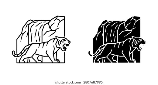 Roaring tiger standing near waterfall vector illustration with waterfall wildlife predator illustration adventure monochrome silhouette powerful