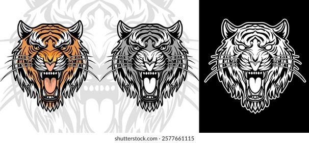 Roaring tiger tattoo vector illustration. Isolated tiger head roaring pose with color, black and white version.