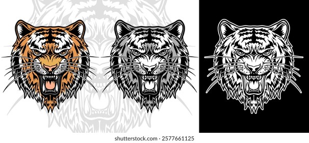 Roaring tiger tattoo vector illustration. Isolated tiger head roaring pose with color, black and white version.