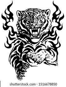 Roaring tiger in tongues of flame. Angry wild big cat. Front view. Black and white tattoo style vector illustration