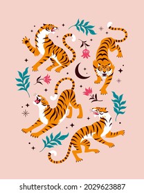 Roaring Tigers collection. Vector illustration of four cartoon tigers in different actions, surrounded by plants and flowers. Isolated on light pink background