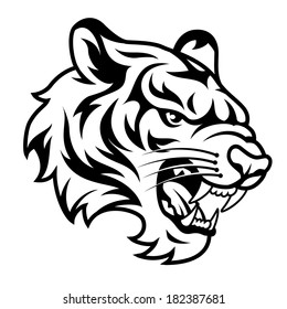 Roaring tiger's head isolated on white. Black and white vector illustration 