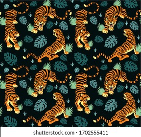 Roaring tigers on leaves seamless pattern vector illustration. Endless texture print with hunter mammal and tropical plants cartoon design. Wildlife and jungle concept. Isolated on black