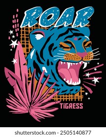 Roaring tigress face with floral leaves illustration placement print women girls t-shirt graphic vector artwork