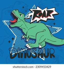 Roaring t-rex dinosaur cartoon on blue background illustration vector.