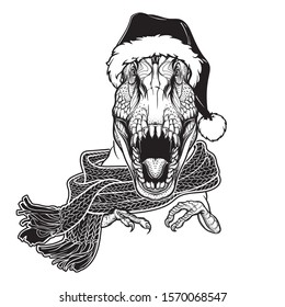 Roaring T-Rex in Santa Clouses hat and scarf. Christmas clothes print or sticker design. Black and white sketch style drawing. EPS10 vector illustration