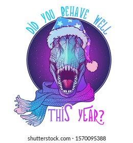 Roaring T-Rex in Santa Clouses hat and scarf. Christmas clothes print or sticker design. Neon Colored sketch style drawing. EPS10 vector illustration