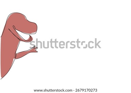 Roaring T-Rex shown in single line drawing style, peeking and waving from behind the wall, symbolizing prehistoric fascination. Science concept design themed for International Dinosaur Day.