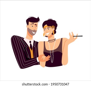 roaring twenties party, man invites a woman with mouthpiece and long beads to Charleston dance. Flirting, coquetry, party, stylization, relationships. Vector illustration isolated on white background.