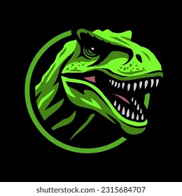 Reizender Tyrannosaurus. T-Rex Logo-Emblem auf dunklem Hintergrund.