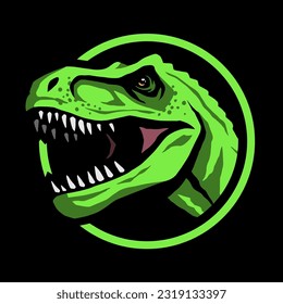 Roaring tyrannosaurus. T-rex Logo emblem on a dark background.