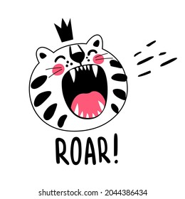 Roaring white striped cat with crown on head. Tiger baby is naughty, playing pranks, getting cranky. Kitty, domestic pet crying. Vector doodle isolated clipart for tee shirt, poster, greeting card.