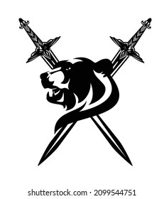 roaring wild bear head with crossed knight swords - medieval heraldry black and white vector design