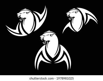 roaring wild panther with wings vector head portrait - modern style aggressive animal black and white outline design