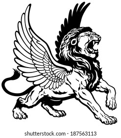 roaring winged lion, mythological creature, black and white image