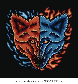 A roaring wolf with blazing fire and rushing water vector illustration