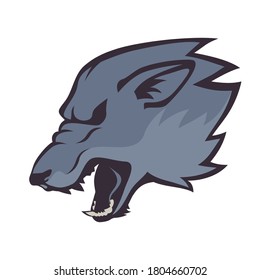 Roaring wolf head emblem on white background, symbol of aggressive beast