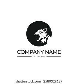 Roaring wolf logo template design with circles and black and white colors