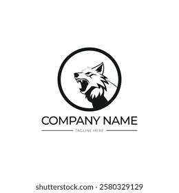 Roaring wolf logo template design with circles and black and white colors