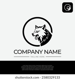 Roaring wolf logo template design with circles and black and white colors