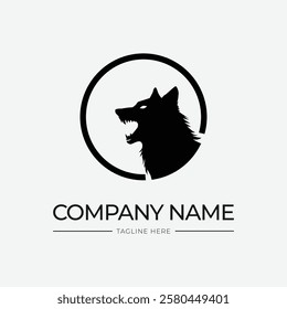 Roaring wolf logo template design with circles and black and white colors