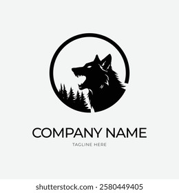 Roaring wolf logo template design with circles and black and white colors