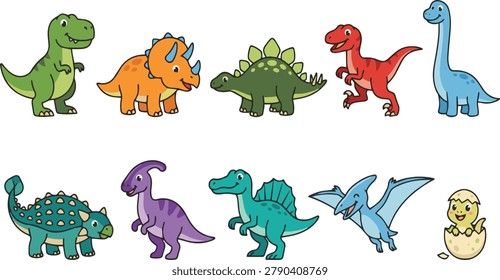 Roarsome Dinosaur Friends Character Bundle – 10 Cute Cartoon Vector Dinosaurs Featuring T-Rex, Triceratops, Stegosaurus, Velociraptor and Other Prehistoric Mascots