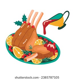 Roast beef with cranberry sauce for winter holiday dinner. Christmas traditional food garnished with rosemary, red berries and orange slices.Xmas party meal with holly.Vector  illustration on white.