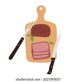 Roast beef cut on wooden cutting board with knife. Big slice of smoked pork ham. Baked meat. Top view.Flat vector illustration in hand drawn style isolated on white background