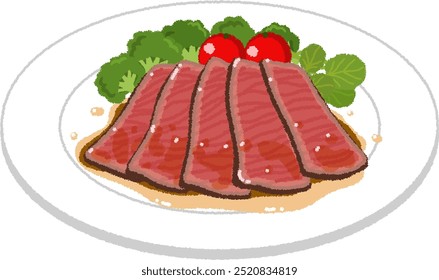 Roast beef is a dish in which large chunks of beef are roasted in the oven. Cut into thin slices and eat.