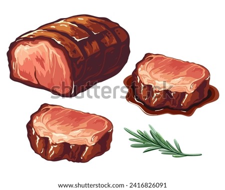 Roast beef and juicy meat steak with rosemary isolated on white background. Sliced of dry cured meat. Vector illustration in eps 10. Suitable for menu, recipe and cookbook 
