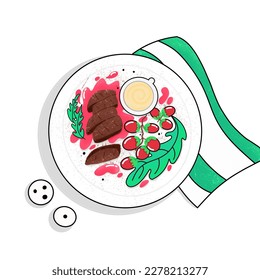 roast beef on a white plate with detailed herbs and spices