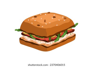 Roast beef sandwich. Fast food, healthy snack with meat and greens. Tasty eating with arugula, vegetables between whole grain bread, buns. Flat vector illustration isolated on white background