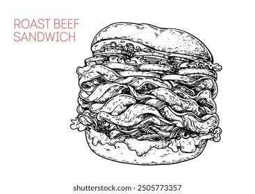 Roast beef sandwich sketch. Hand drawn vector illustration. not AI