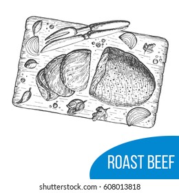 Roast beef sketch vector illustration. Engraved vintage image, hand drawn.