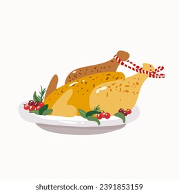 Pollo asado con bayas servido en una mesa festiva. Dish por Navidad. Ilustración vectorial. 