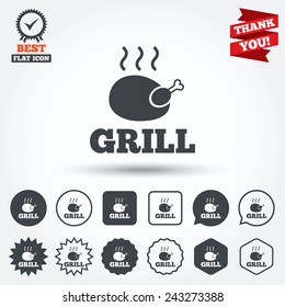 Roast chicken grill sign icon. Hen bird meat symbol. Circle, star, speech bubble and square buttons. Award medal with check mark. Thank you ribbon. Vector