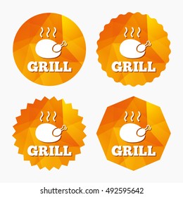 Roast chicken grill sign icon. Hen bird meat symbol. Triangular low poly buttons with flat icon. Vector