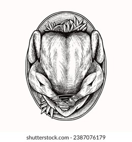 Roast Chicken Hand Drawn Engraving Pen and Ink Vintage Vector illustration